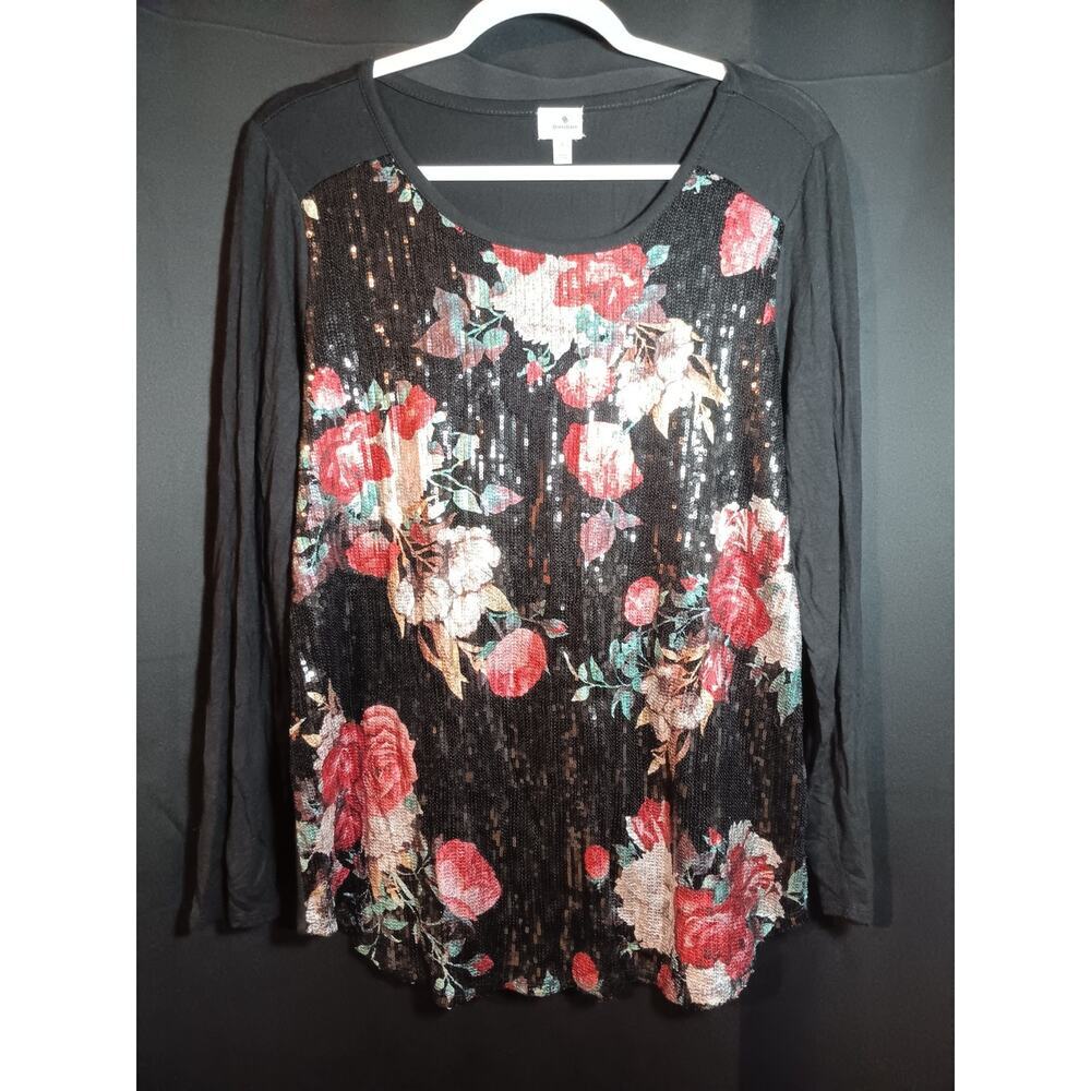 Dress Barn Blouse Womens Size Large Black Floral Sequin Party Top Elegant